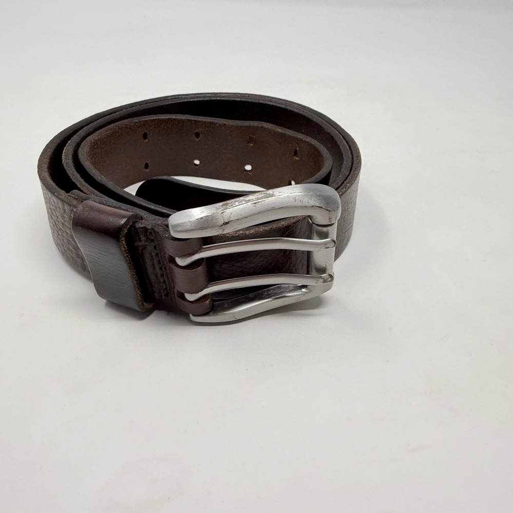 Express Mens Dark Brown Genuine Leather Double Prong Buckle Belt Size 40 46 Inch